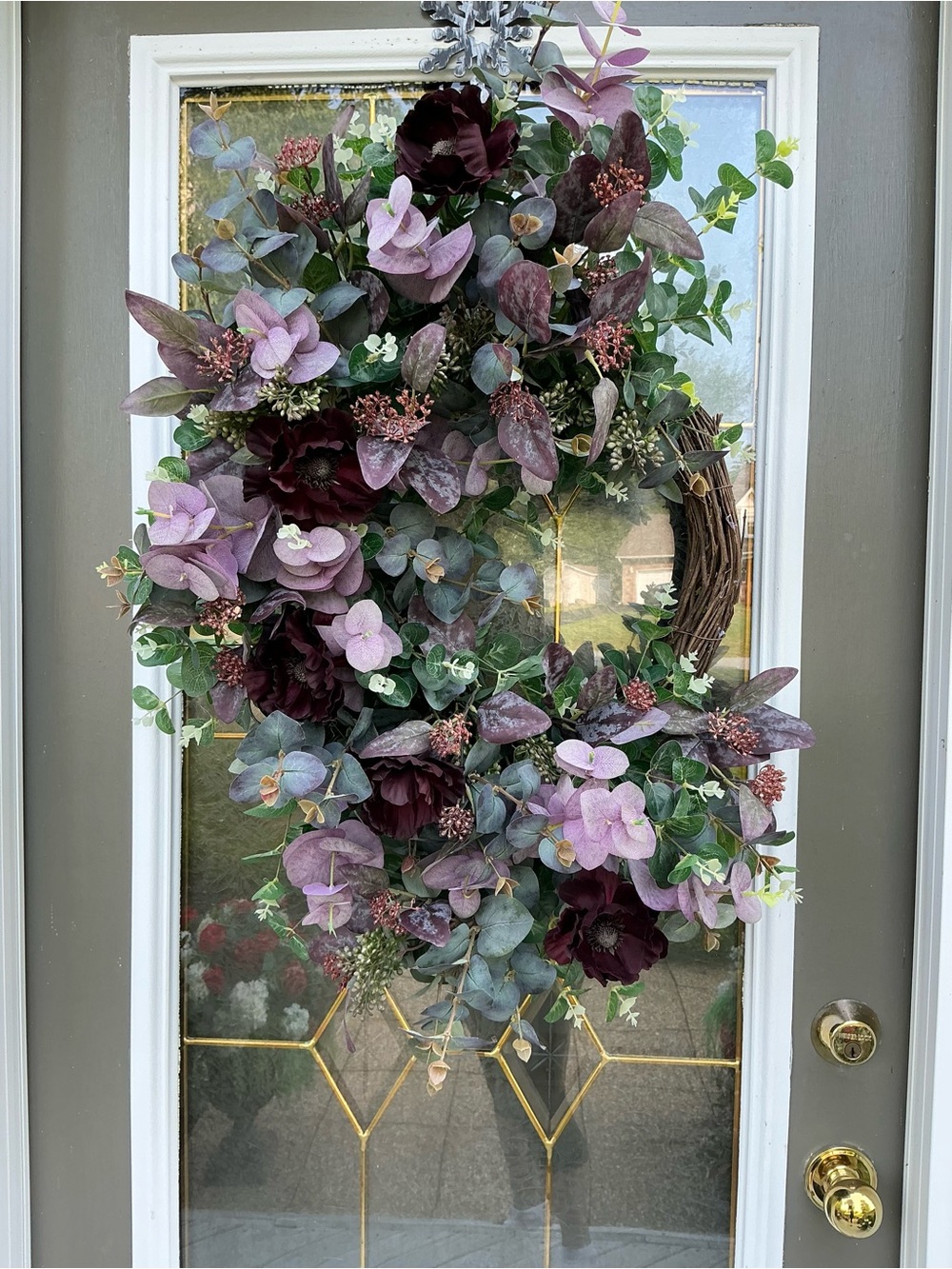 Hand Crafted Plum and Green Faux Floral Door Wreath